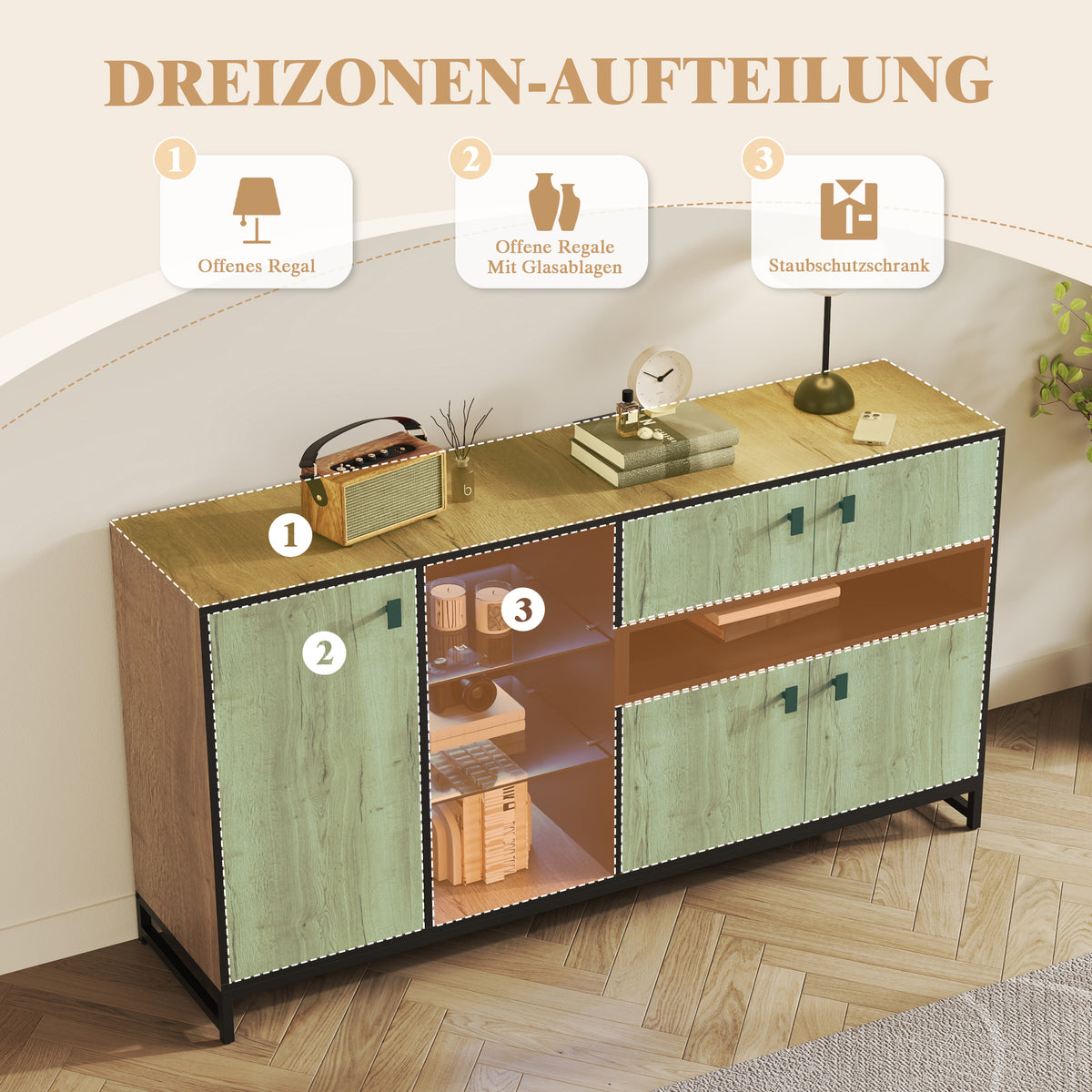Modern sideboard cabinet with glass shelves