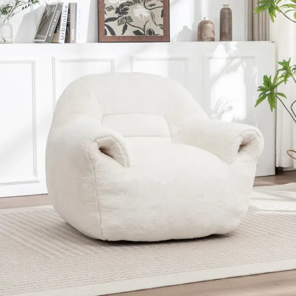 Faux Fur Bean Bag Chair with Back Support – Comfy Stuffed Floor Sofa, White – view 6