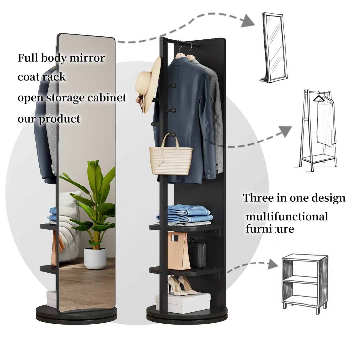 360° Rotating Full-Length Floor Mirror with Coat Rack & Hook Storage, Black – view 5