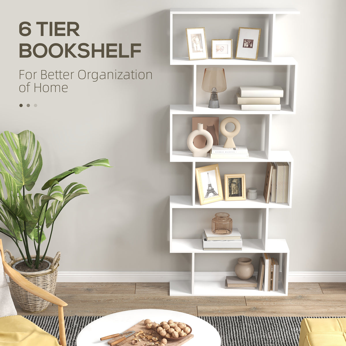 S-shaped 6-tier bookcase, white