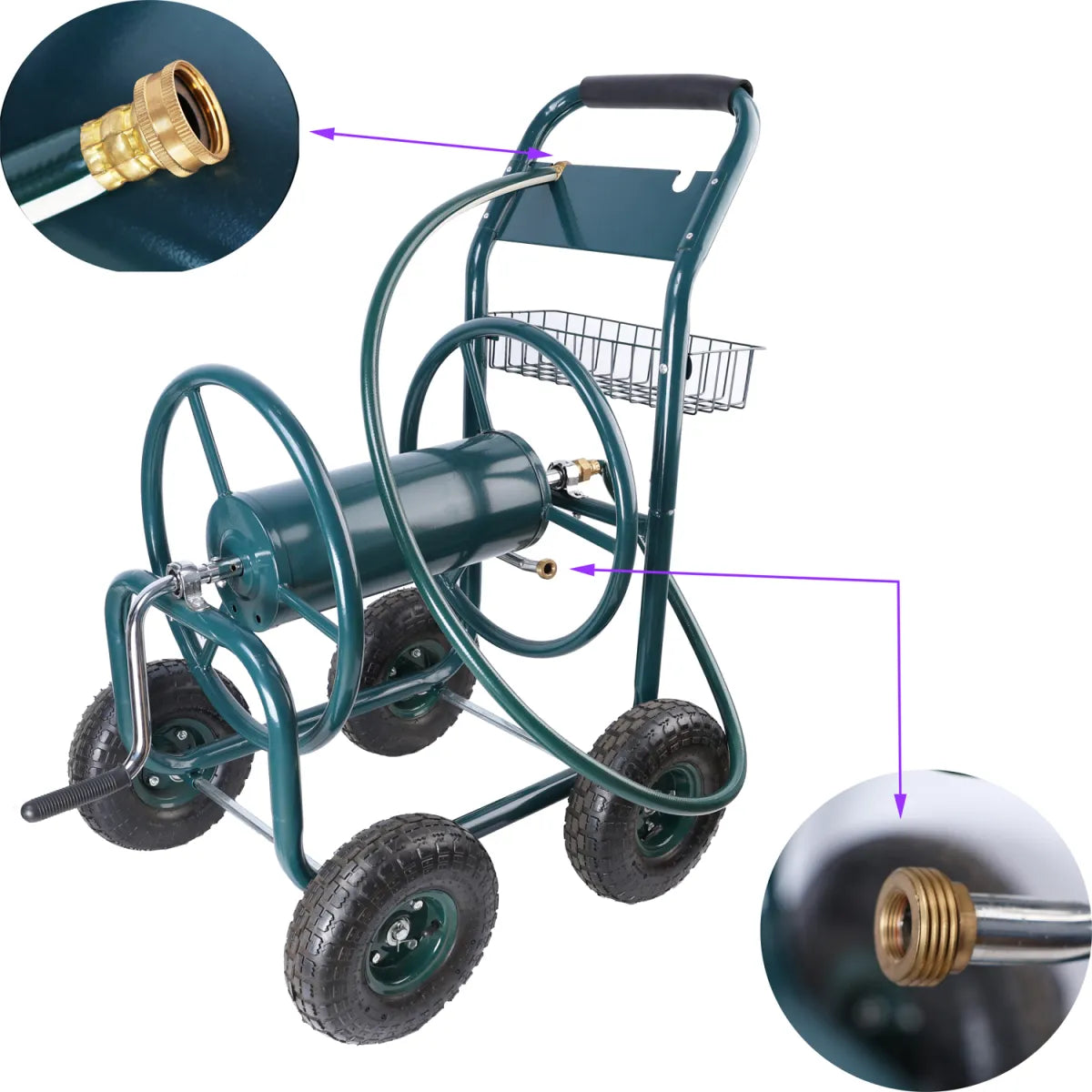 Portable Garden Hose Reel Cart with Storage Basket, Green