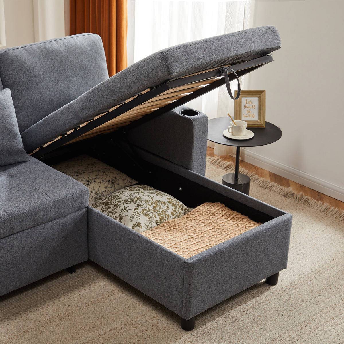L-shaped sofa bed with storage chaise, grey