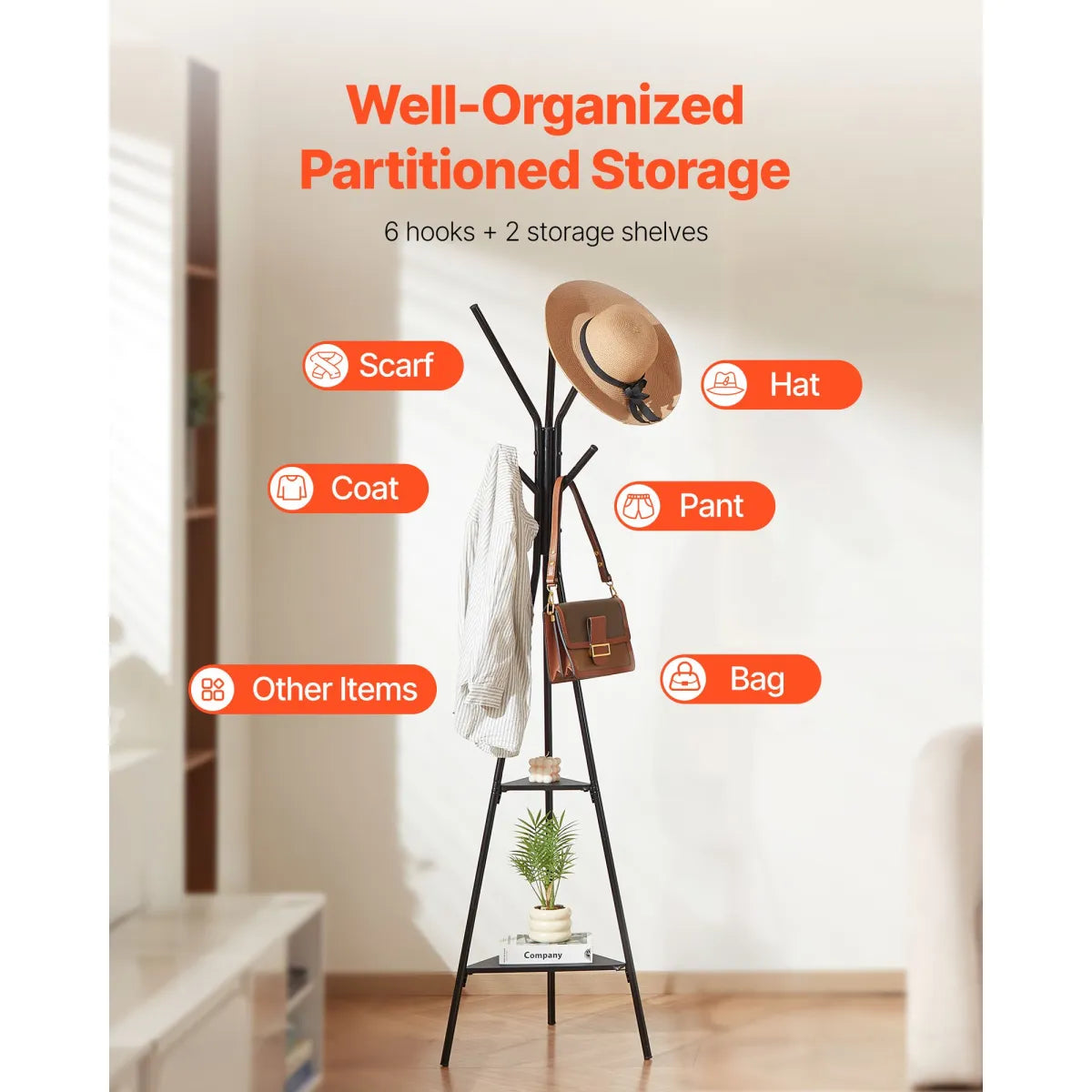Freestanding Coat Rack with 2 Shelves and 6 Hooks, Black