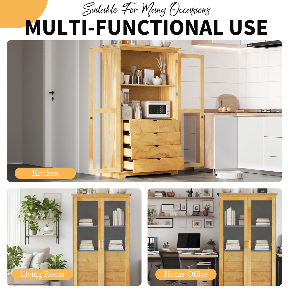 Farmhouse Pantry Cabinet with Glass Doors, Natural – alternate view 4