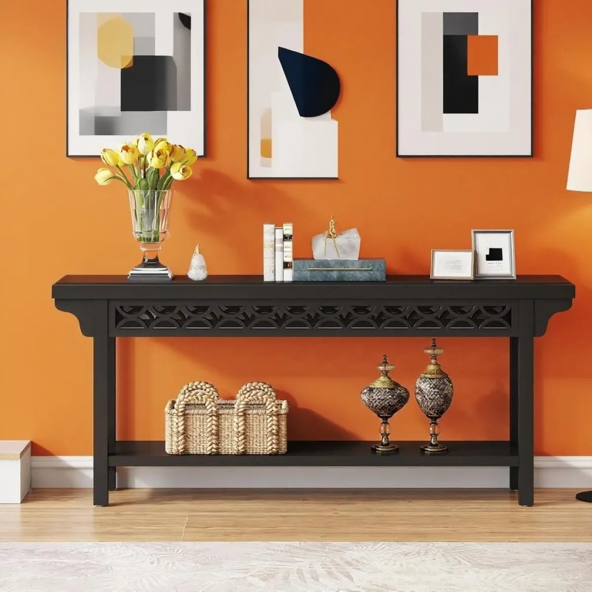 Black Lattice-Front Console Table with Lower Shelf