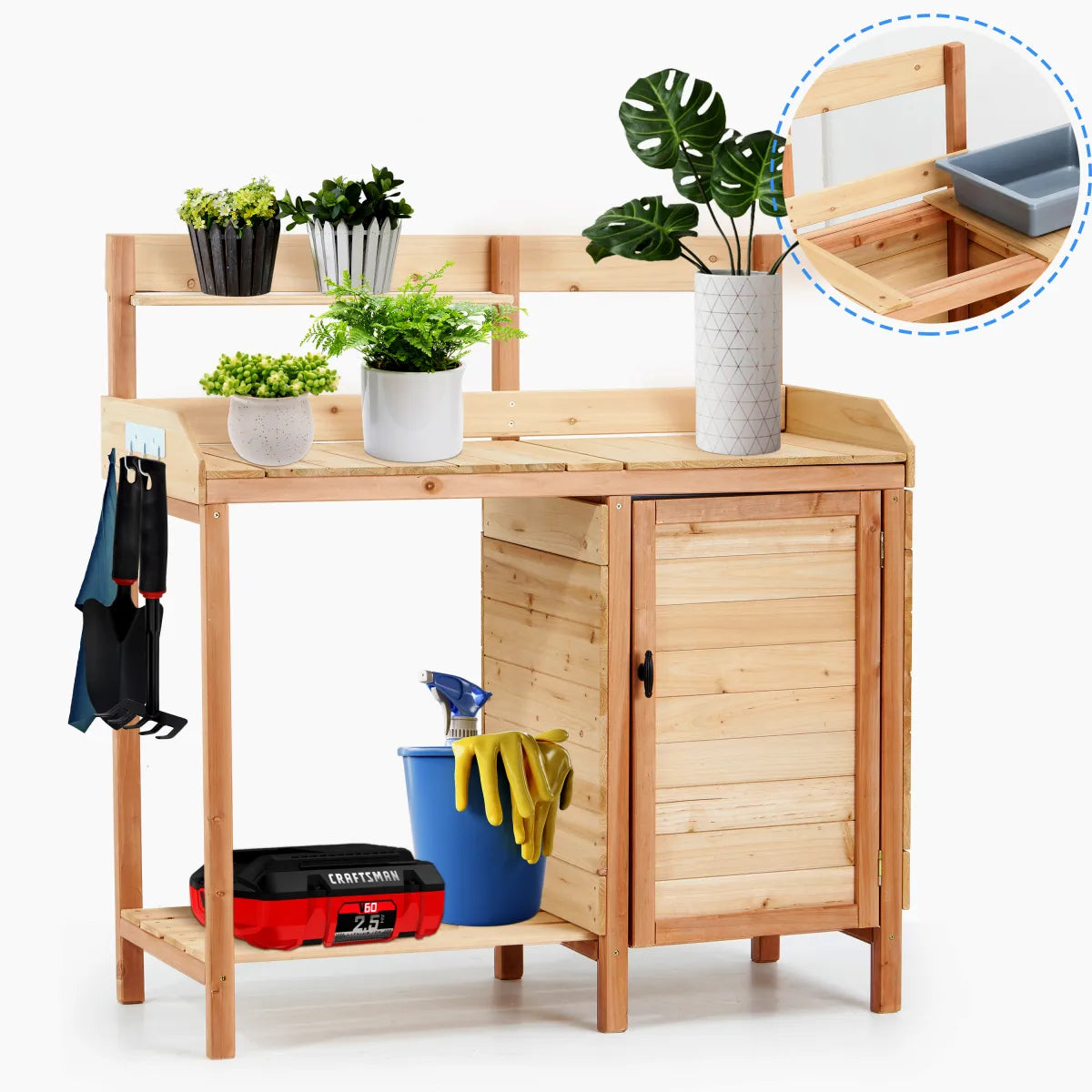 Outdoor Wooden Potting Bench Table with Sink & Storage – view 6