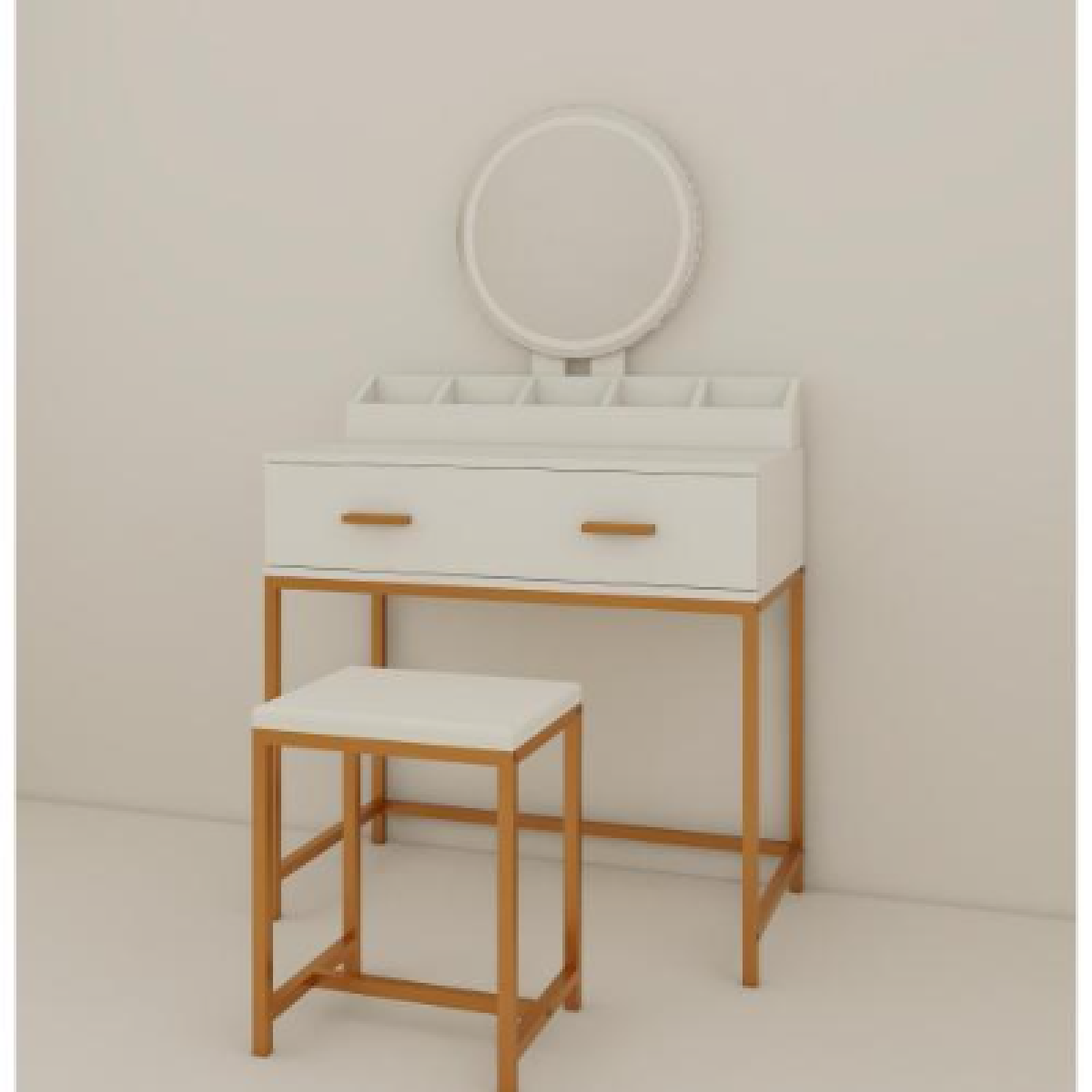 Space-Saving Vanity Set – White & Gold with Mirror, Stool, and Storage Drawer, Bedroom Makeup Station – view 8