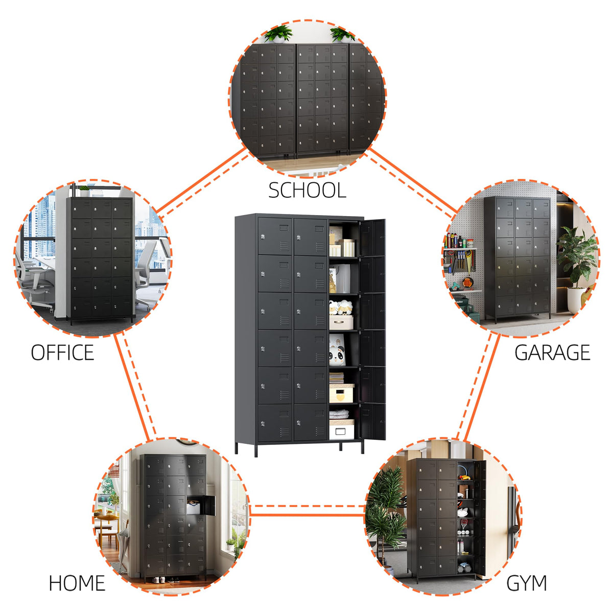 18-door metal employee locker, black