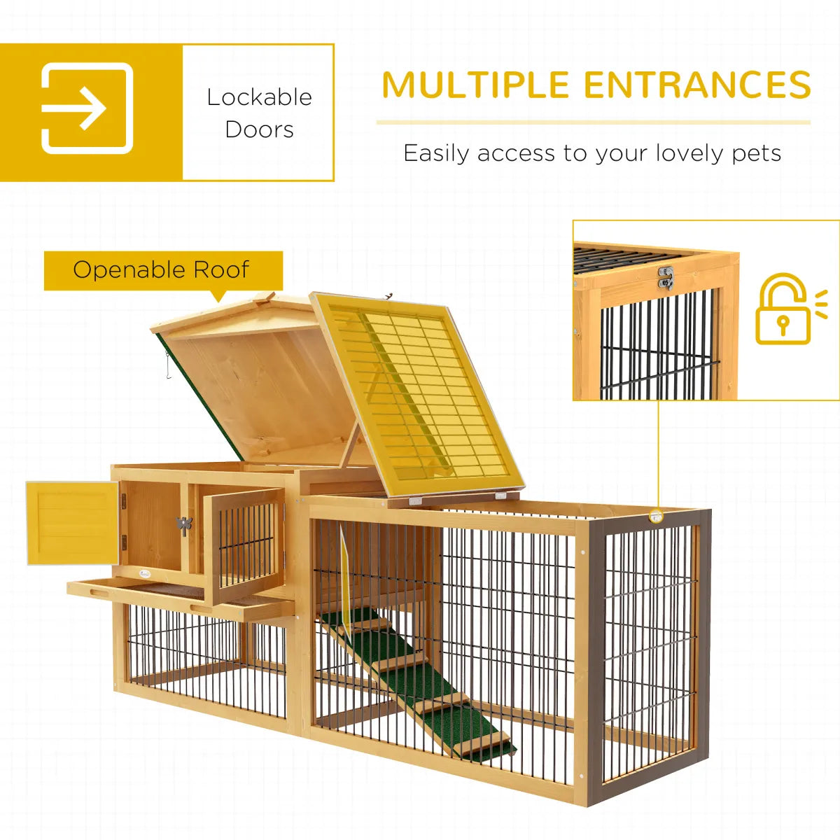 2-Level Outdoor Rabbit Hutch with Openable Top, Yellow