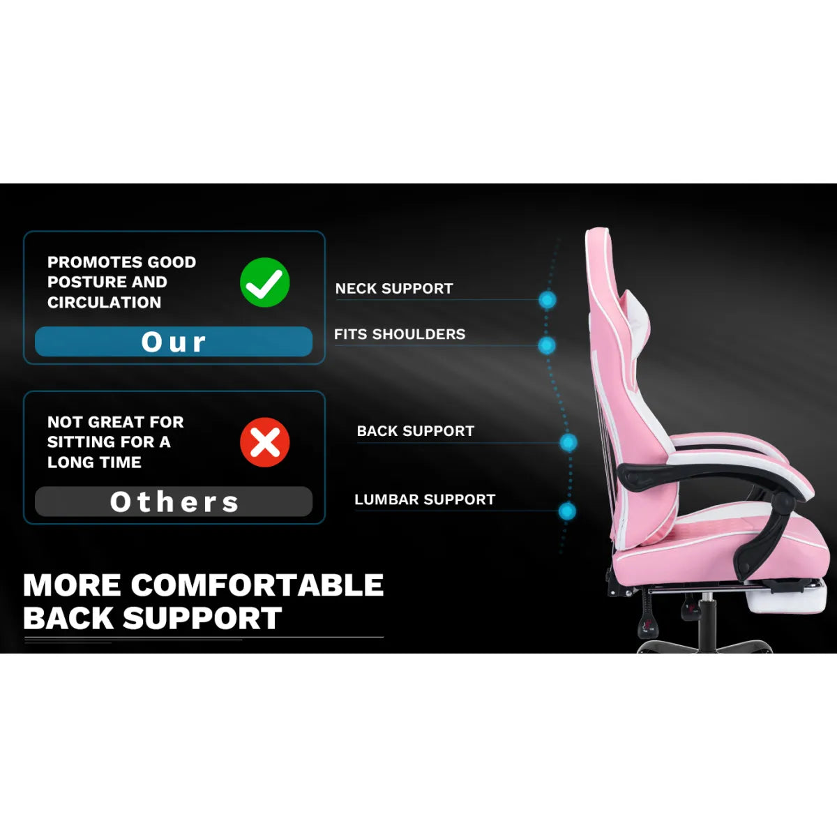 Ergonomic Racing Style Gaming Chair – Massage Lumbar Support, Footrest, Adjustable Headrest, Pink White – view 7