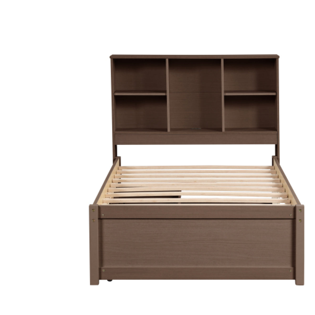 Bookcase Headboard Twin Bed Frame – Particle Board & Rubberwood, Walnut Bedroom with USB Port – view 9