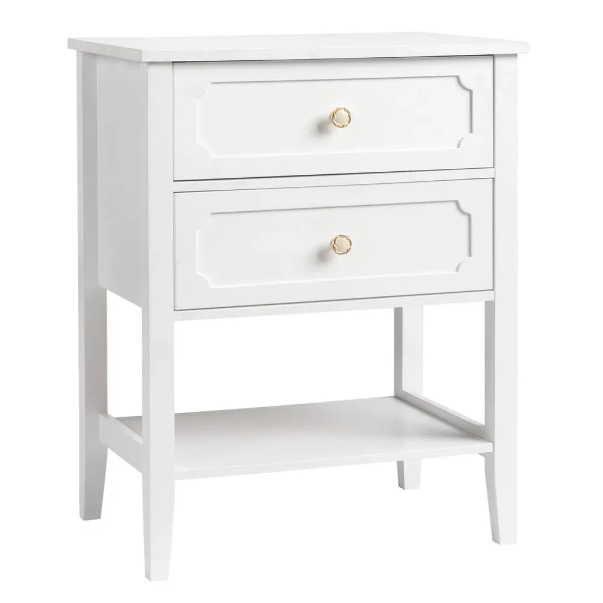 White Wood Nightstand with 2 Drawers and Open Shelf