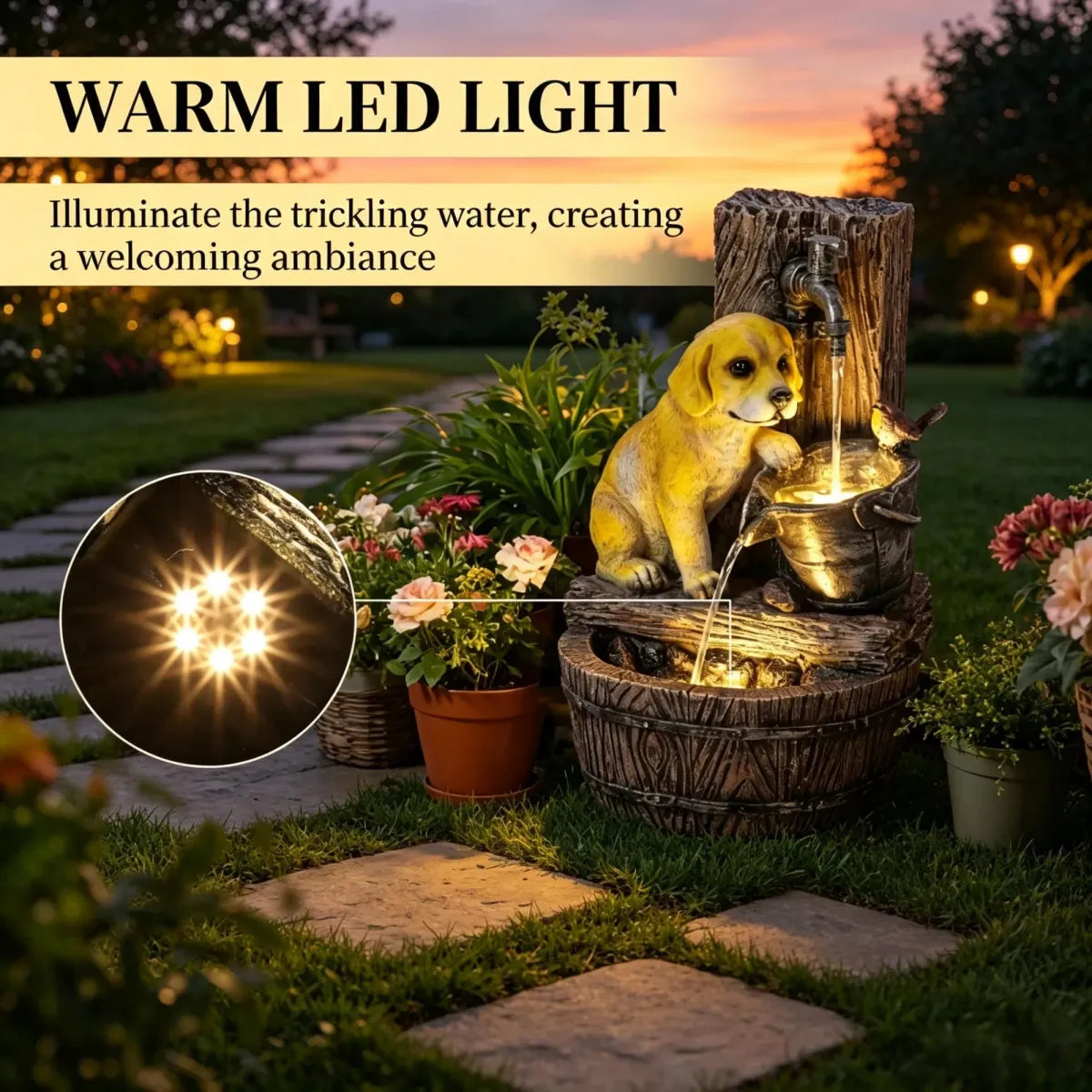 22" 3-Tier Garden Fountain with LED Lights, Rustic Brown