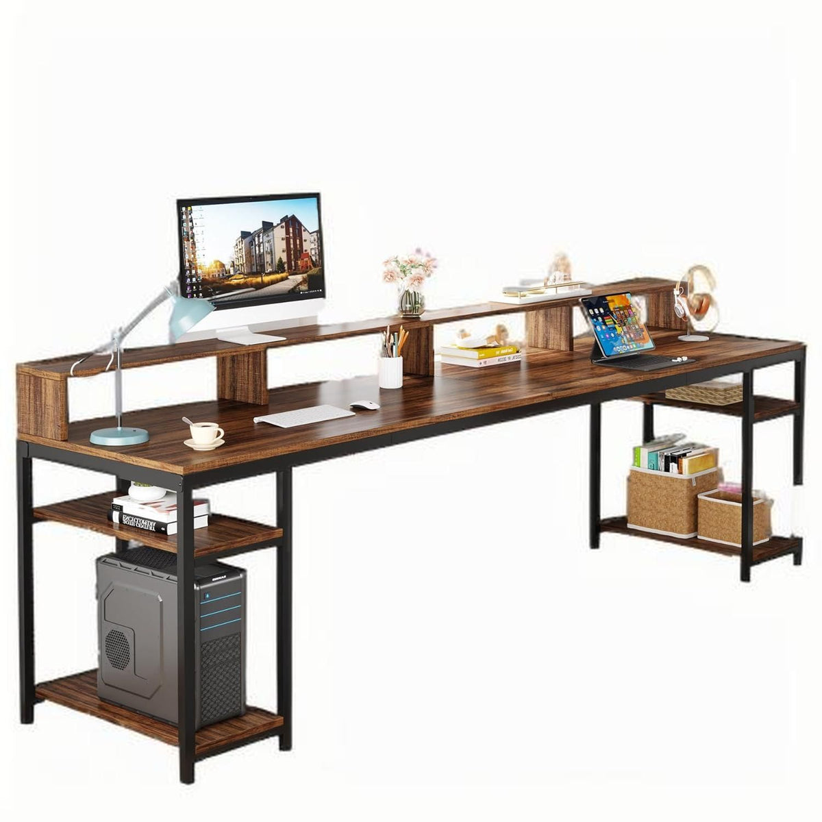 Two-person desk with monitor stands, 78 inch