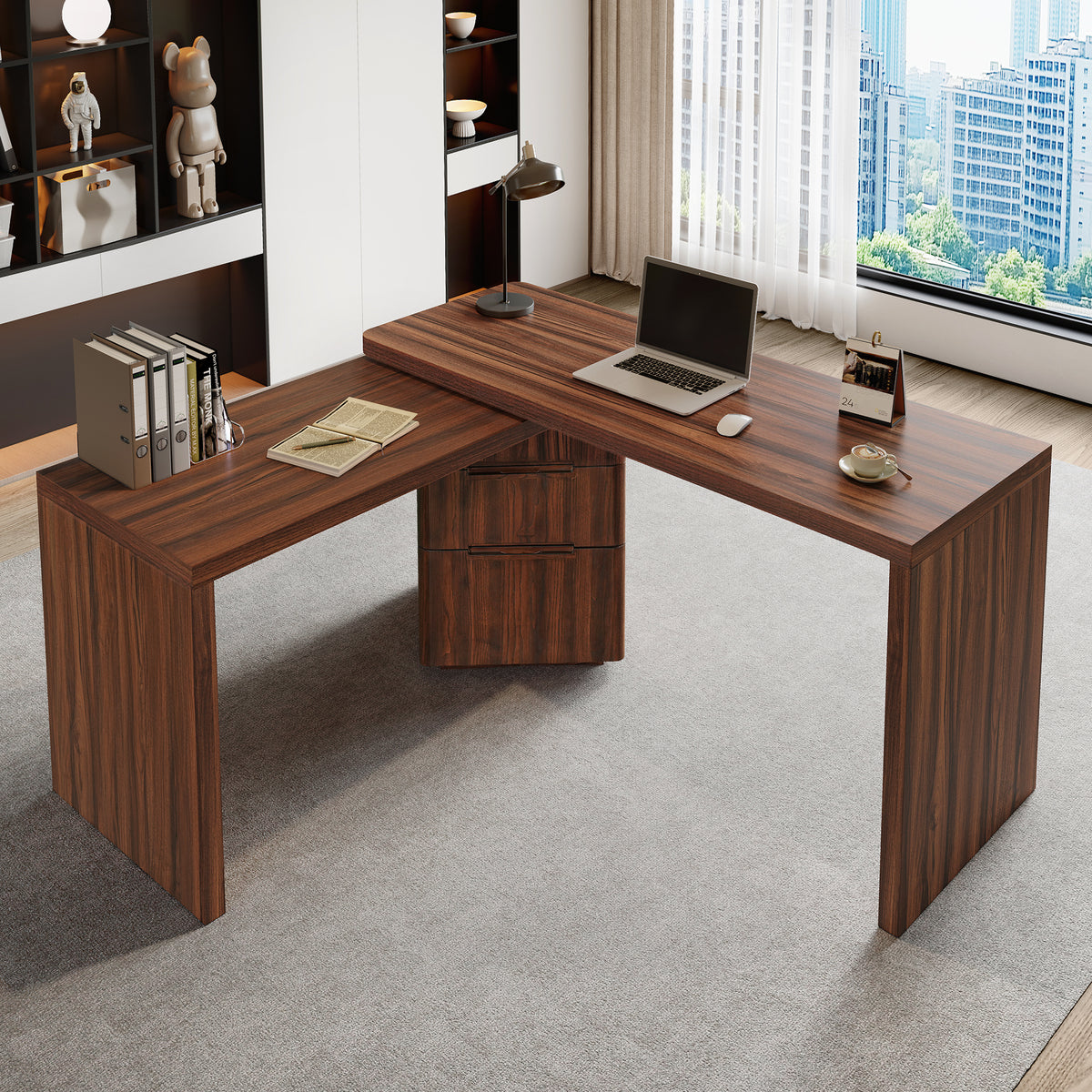90" L-Shaped Rotating Desk, Walnut