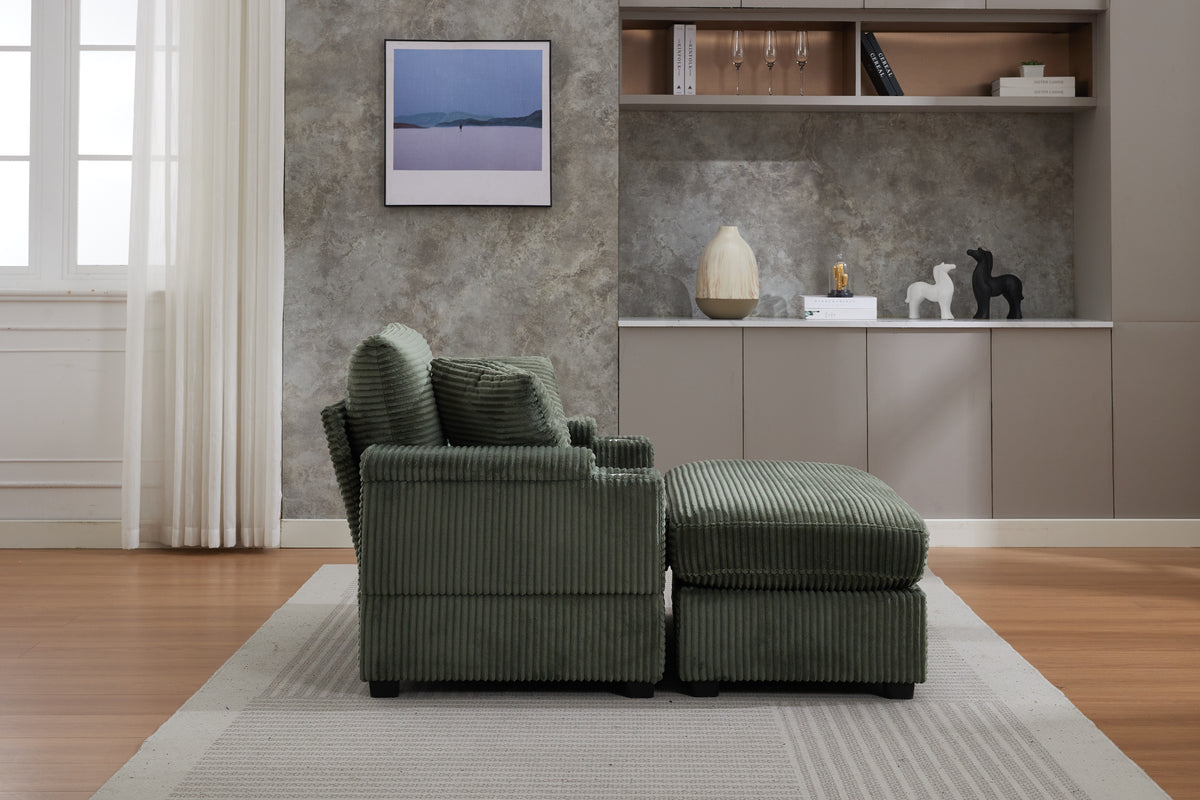 Corduroy Chaise Lounge Sofa with Ottoman, Dark Green – alternate view 4