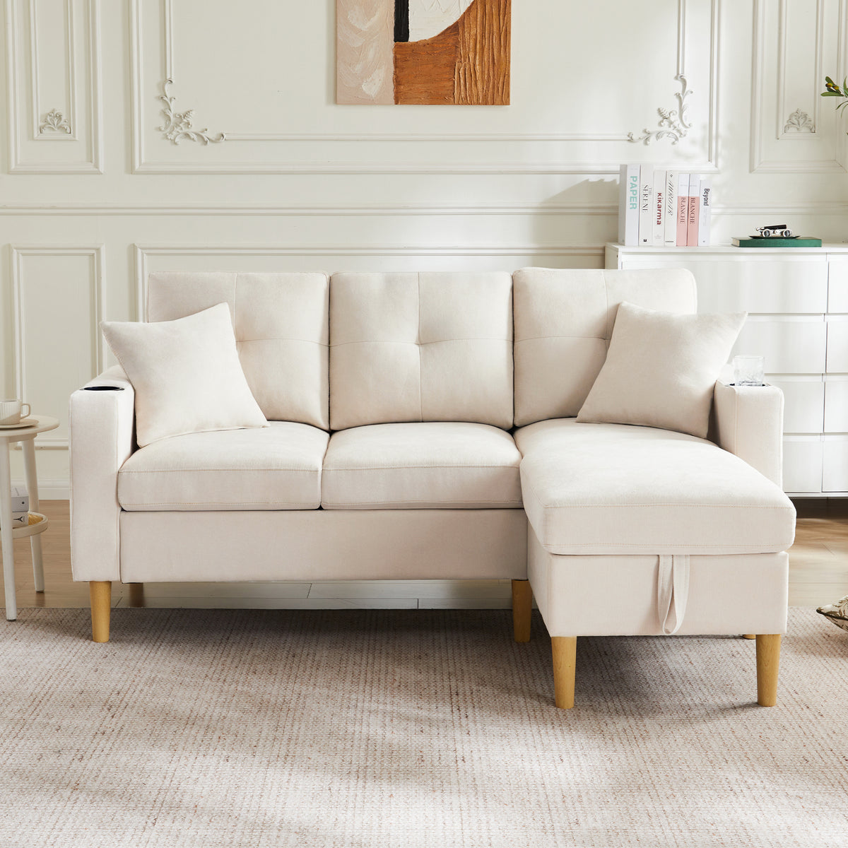 L-shaped sofa with chaise and storage, beige