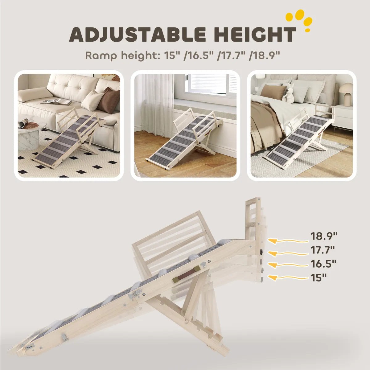 Folding Pet Ramp with Side Rails, Adjustable Height, Natural Wood