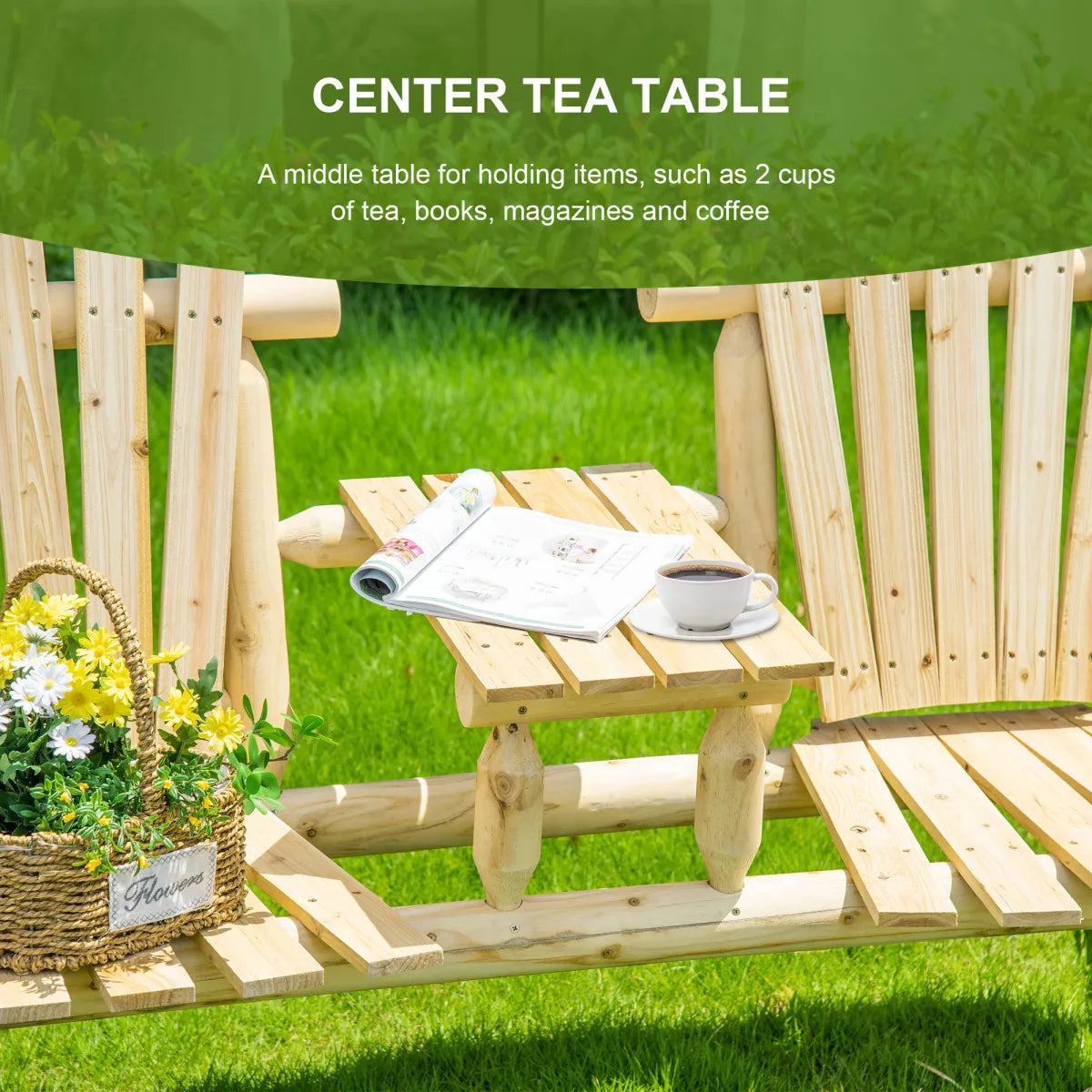 2-Seat Wooden Adirondack Loveseat Bench with Table, Natural
