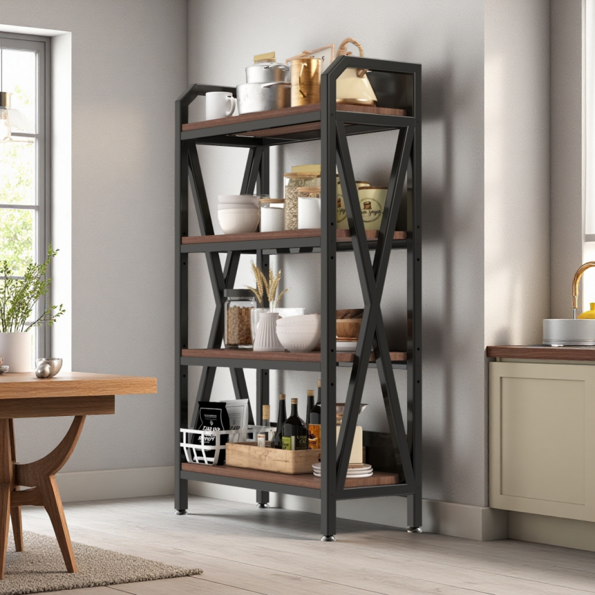 56" 4-Tier Bakers Rack – Metal & Wood, Kitchen Storage Shelving – view 9