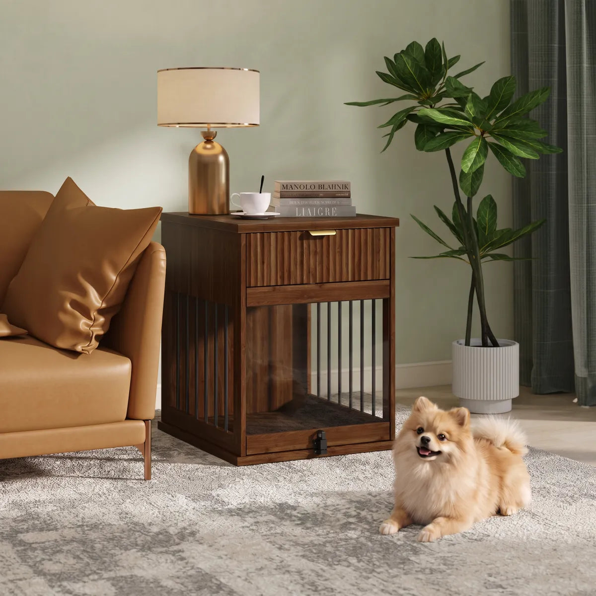 Dog Crate End Table with Charging Station, Wooden Pet Cabinet with Hideaway Glass Door