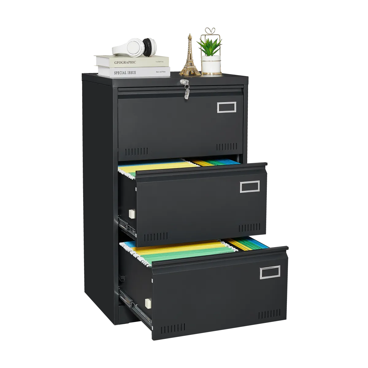 Lateral 3-Drawer Metal File Cabinet, Black – Locking Office Storage