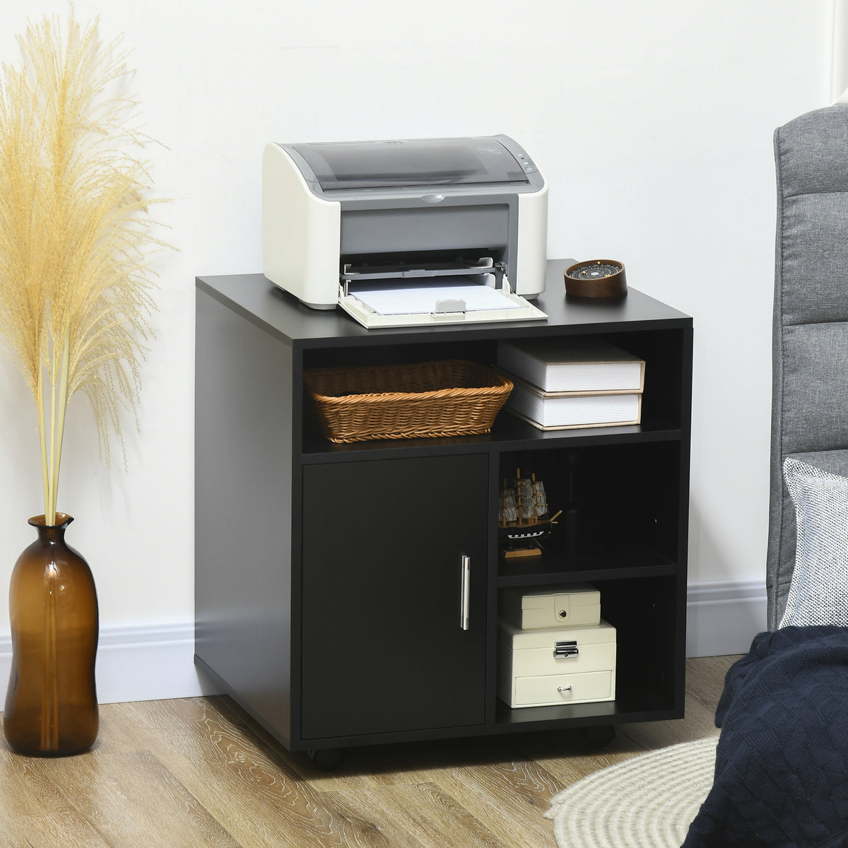 Mobile printer stand with storage, black