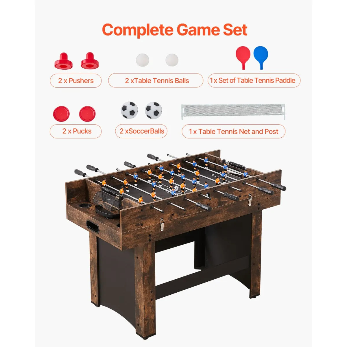 3-in-1 Combo Game Table with Air Hockey, Ping Pong and Foosball, Rustic Wood Finish