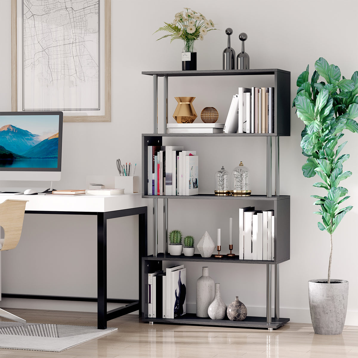 S-shaped 5-tier bookcase and room divider, black