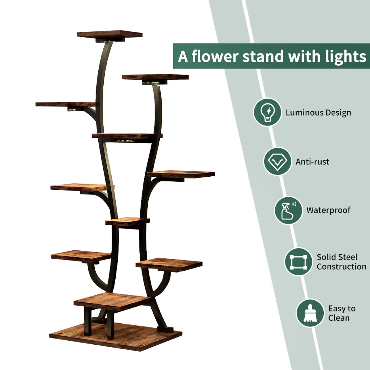 Vase-Shape Metal Plant Stand with Grow Lights, Black Walnut