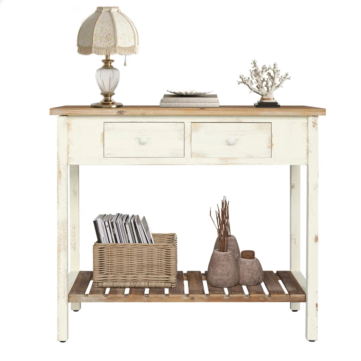 Vintage Two-Drawer Console Table with Open Shelf