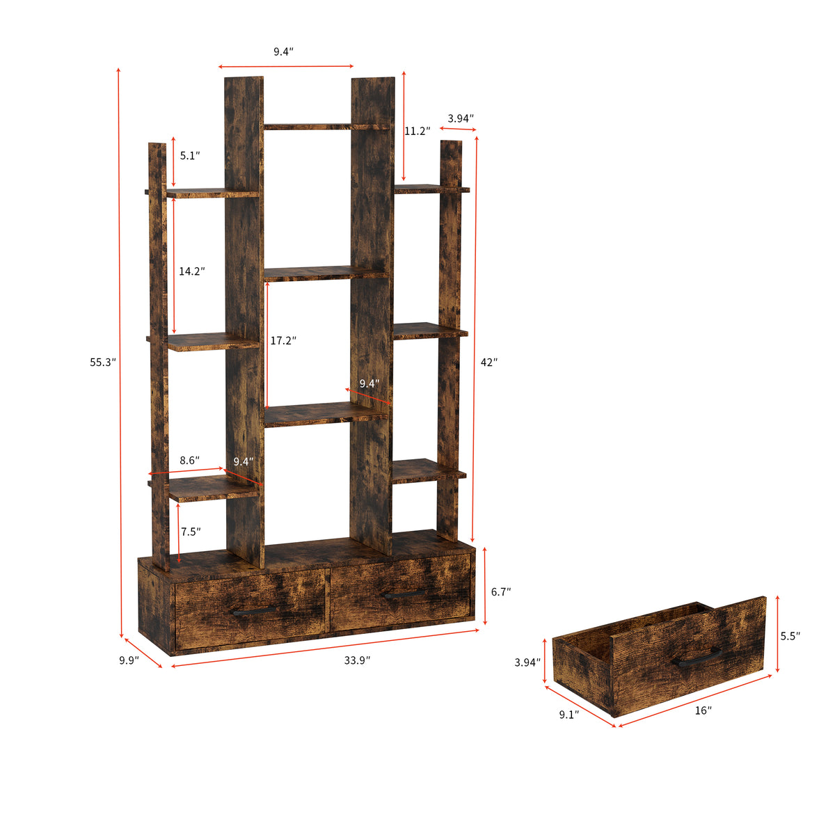 Industrial bookshelf with 2 drawers, rustic brown