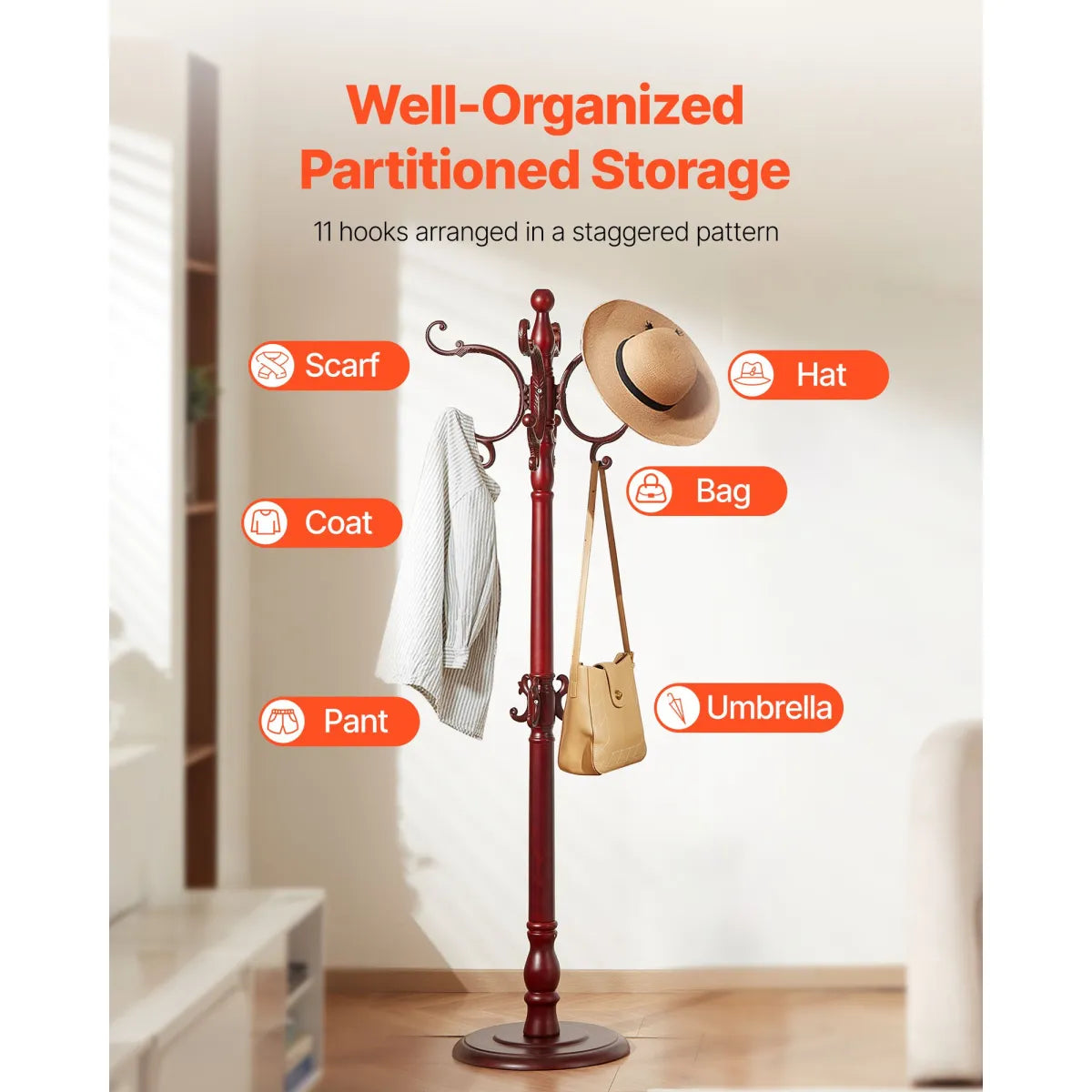 Freestanding Wooden Coat Rack with Weighted Base and 11 Hooks, Dark Brown