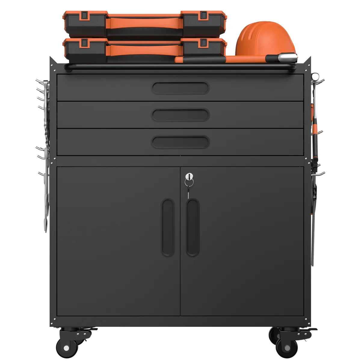 Rolling Metal Tool Cabinet with Lockable Doors and 3 Drawers, Black