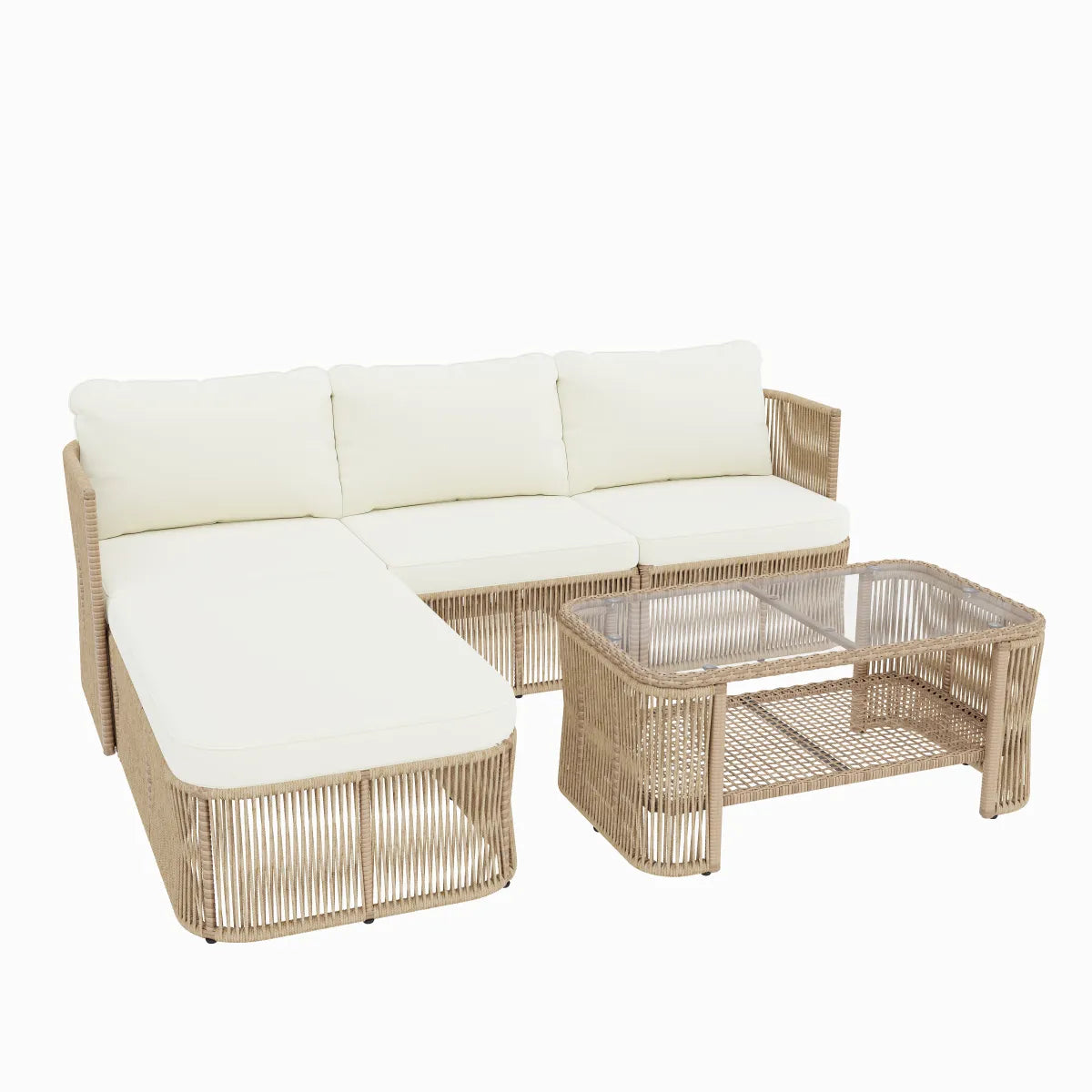 Boho Woven Rattan Outdoor Sectional with Glass Top Coffee Table, Beige Cushions