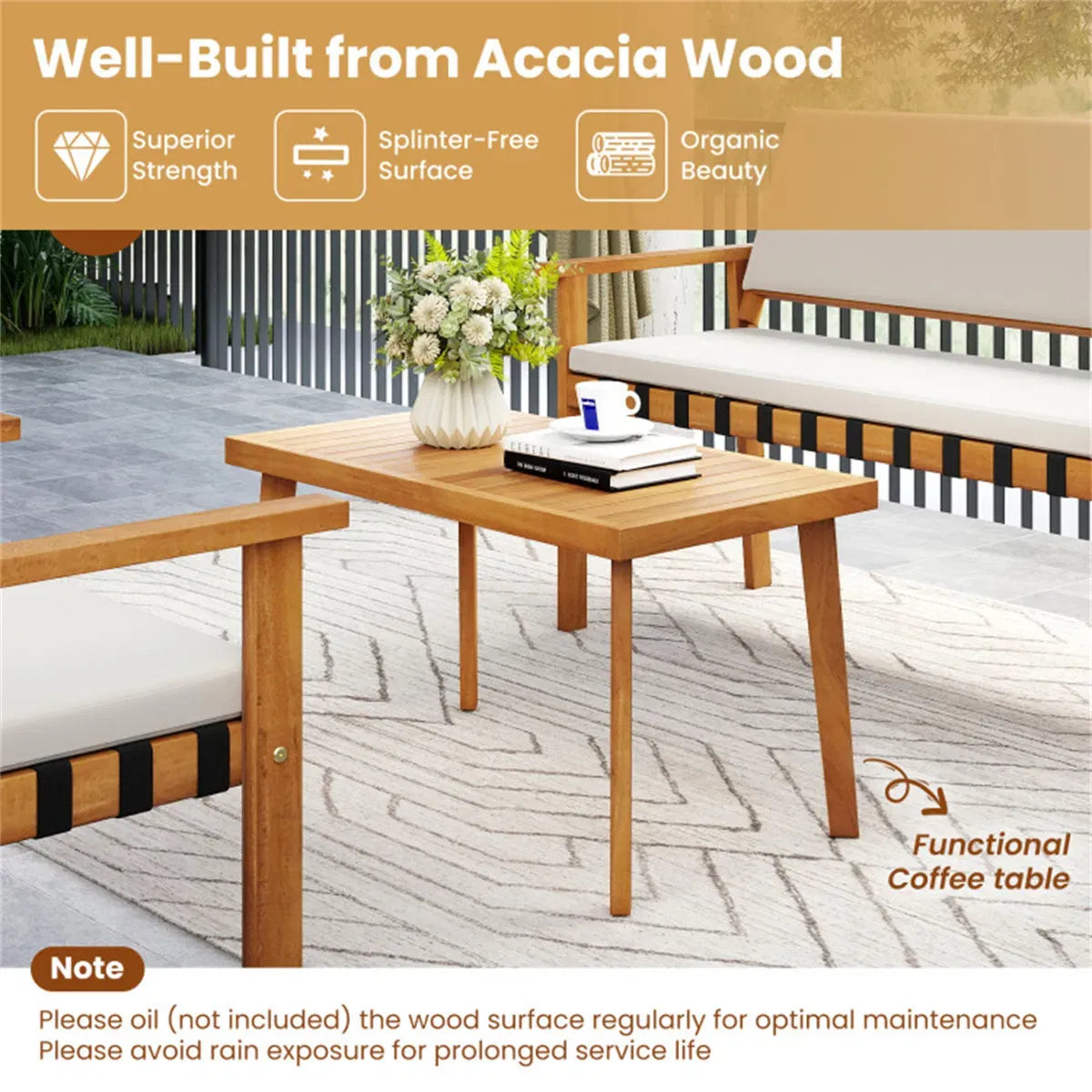 4-Piece Acacia Wood Patio Conversation Set with Cushions, Loveseat, Armchairs and Coffee Table