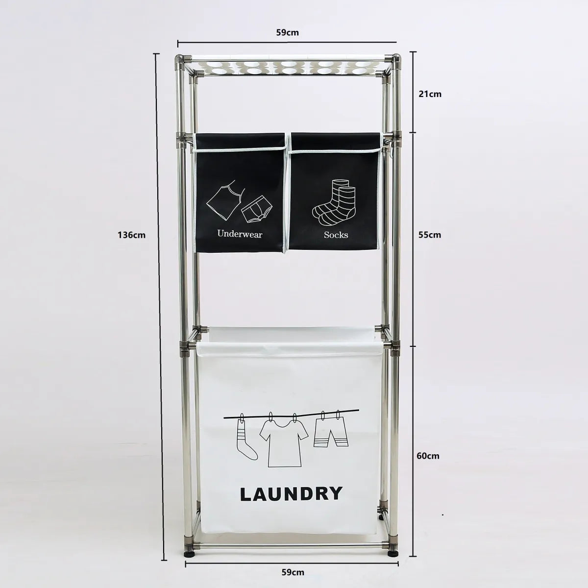 3-Tier Laundry Hamper Sorter with Removable Bags and Hooks, Black White