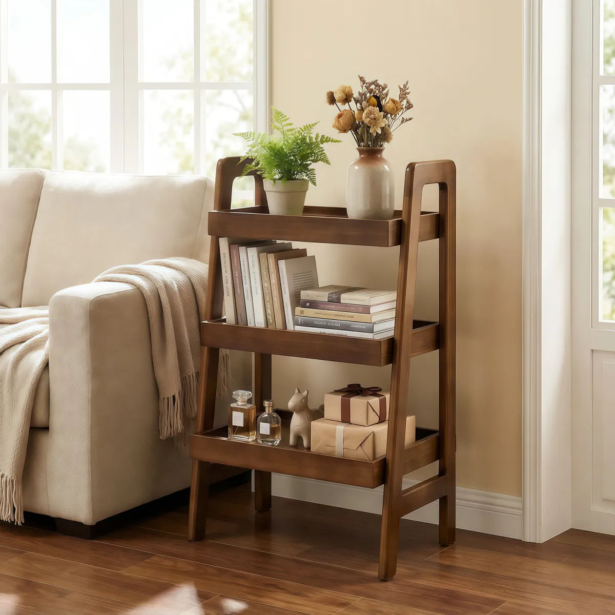 3-Tier Solid Wood Ladder Shelf – Freestanding Bookshelf & Side Table, Walnut – view 6