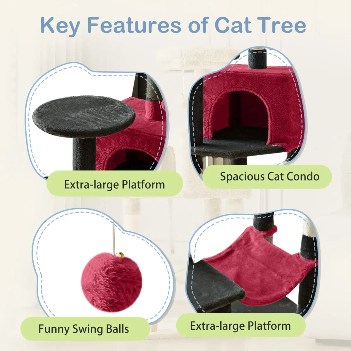 44" Cat Tree Tower with Sisal Scratching Posts, Hammock and Extended Platform, Beige