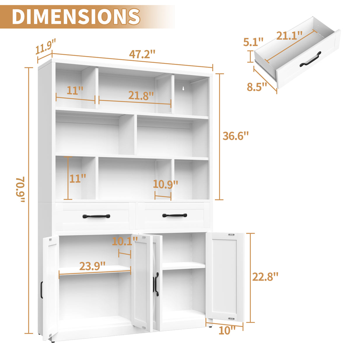 71 inch metal bookcase with doors and drawers, white