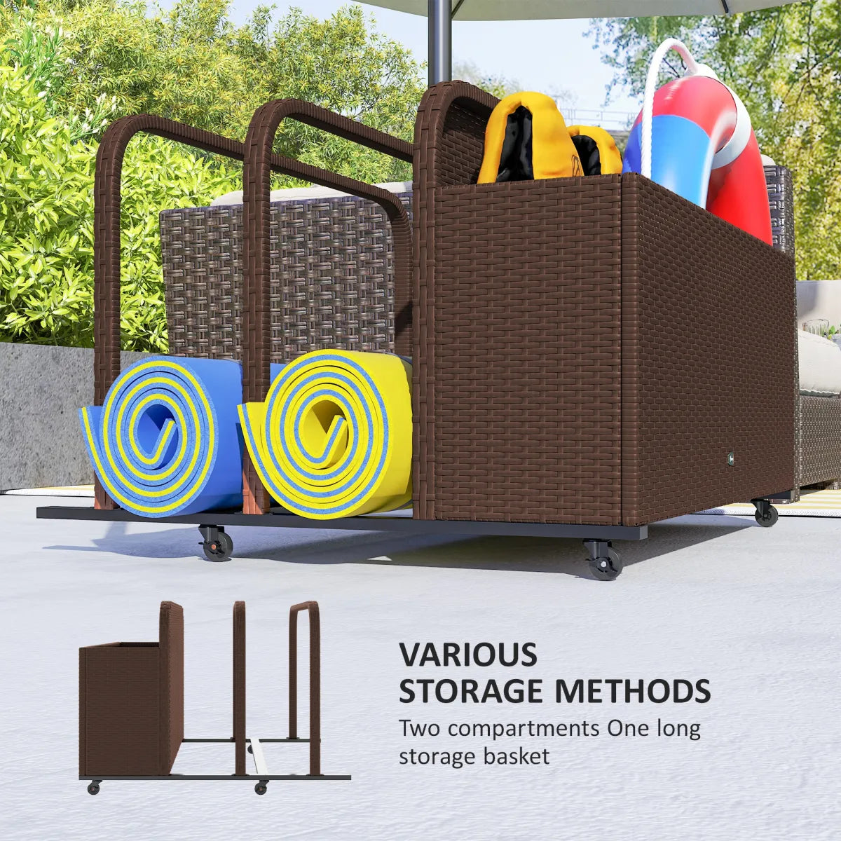 Rattan Pool Float Storage Organizer with Wheels, Brown