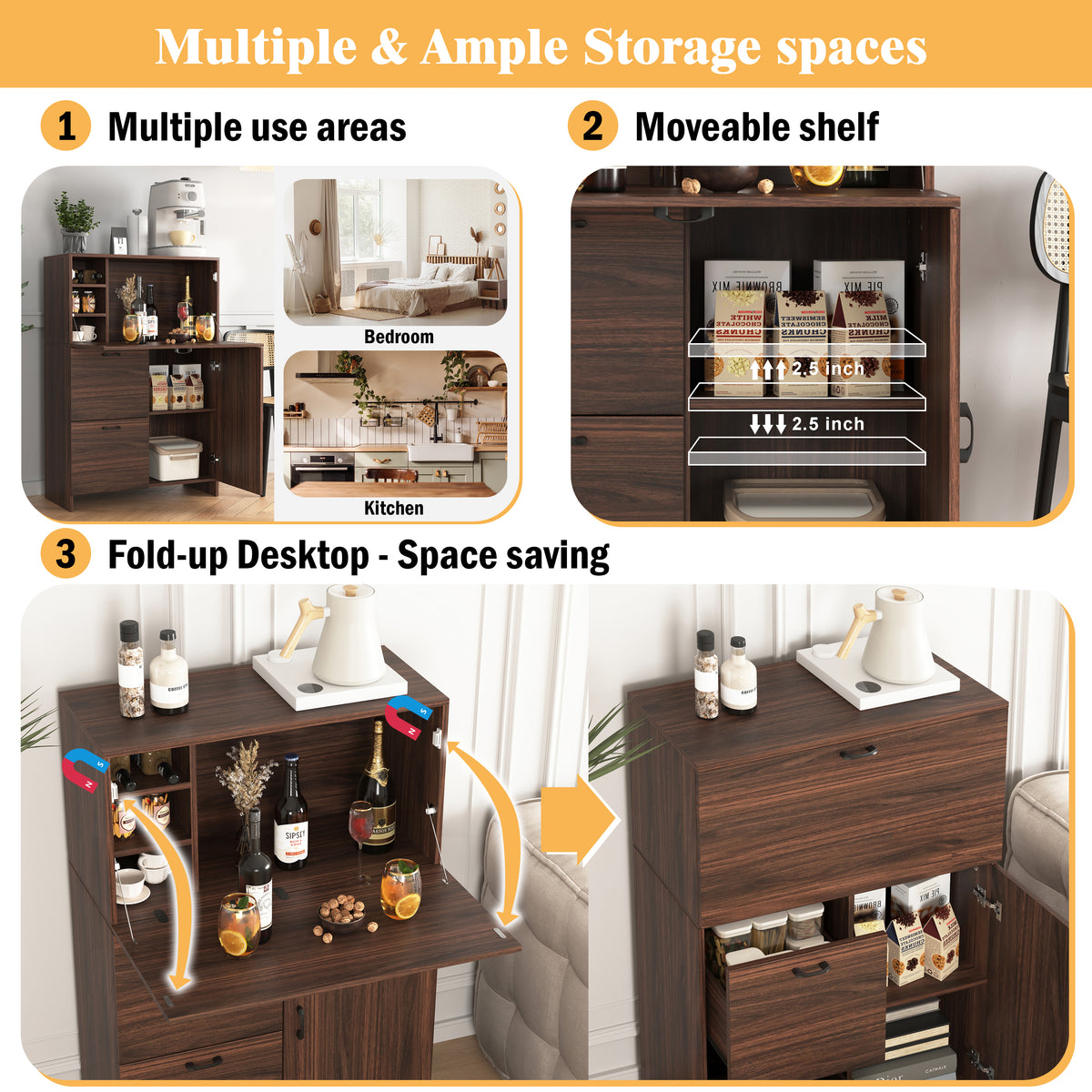 Fold-up desk cabinet with storage, walnut