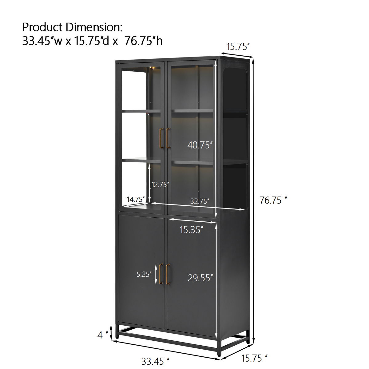 76.75 inch tall glass display cabinet, black