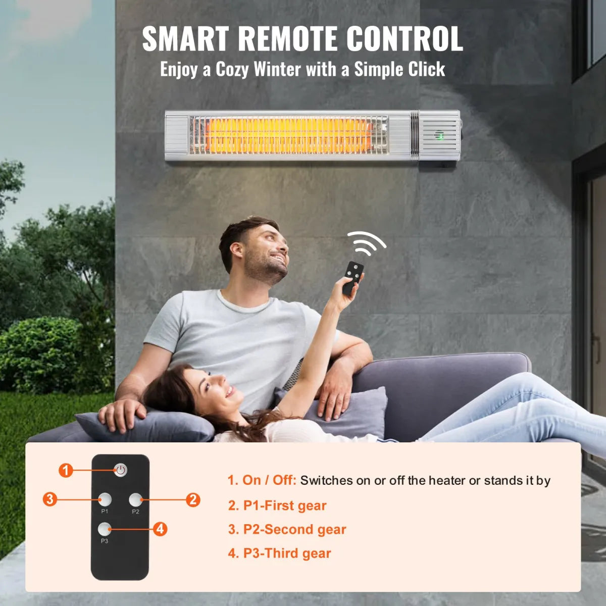 Wall-Mount Infrared Patio Heater, 1500W with Remote Control, Silver