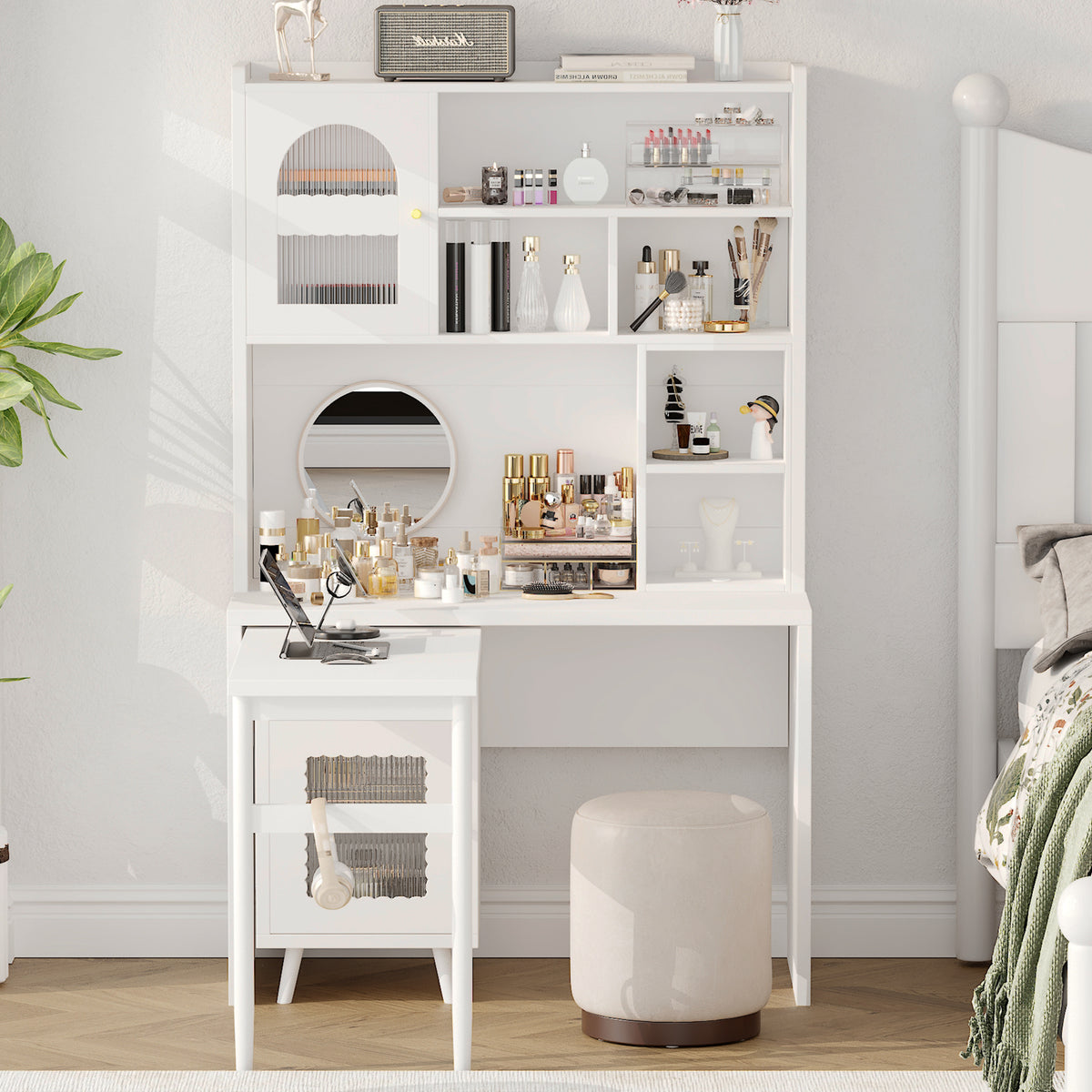 Rotating desktop computer desk with storage, white