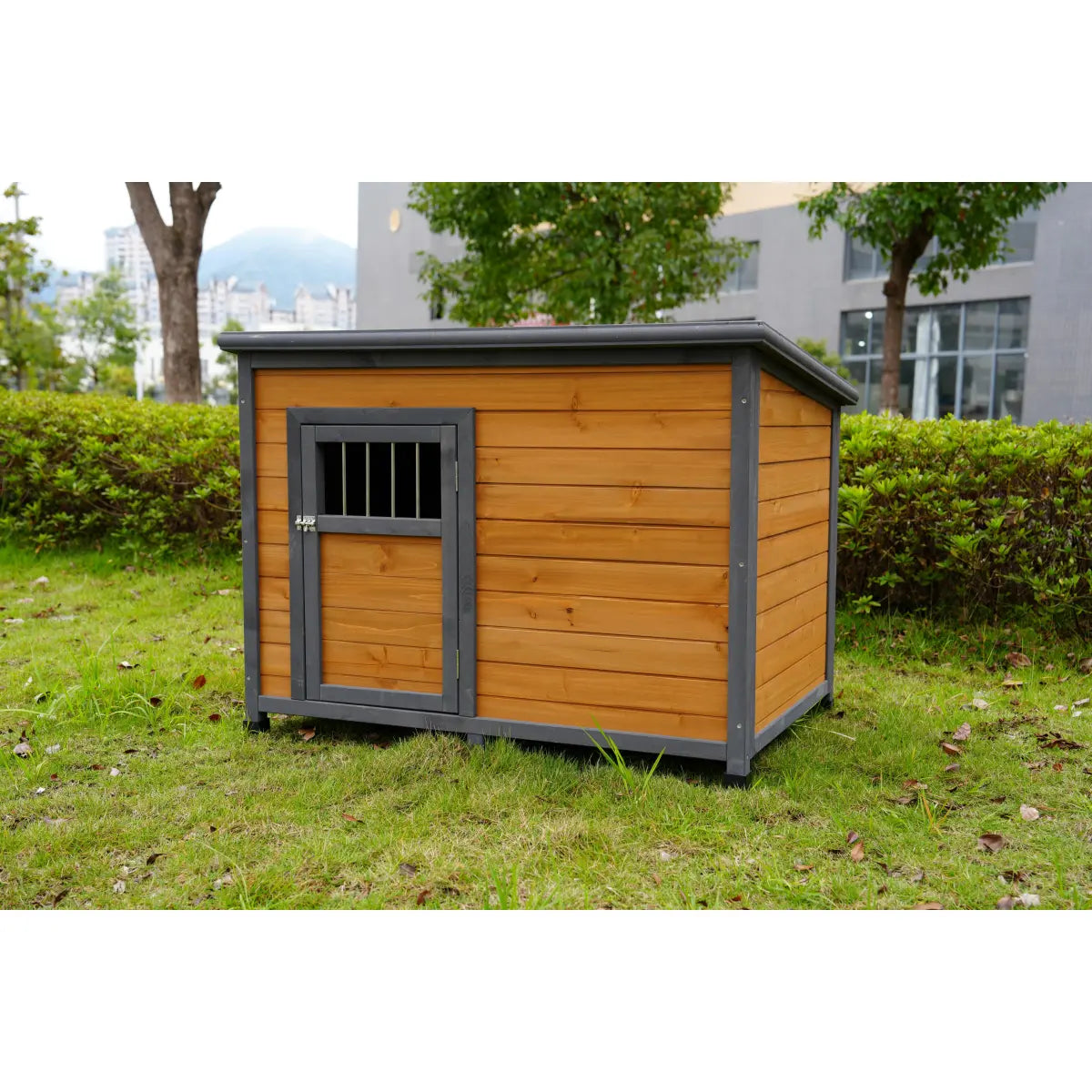 45" Large Wooden Dog House with Waterproof PVC Roof, Gray and Yellow