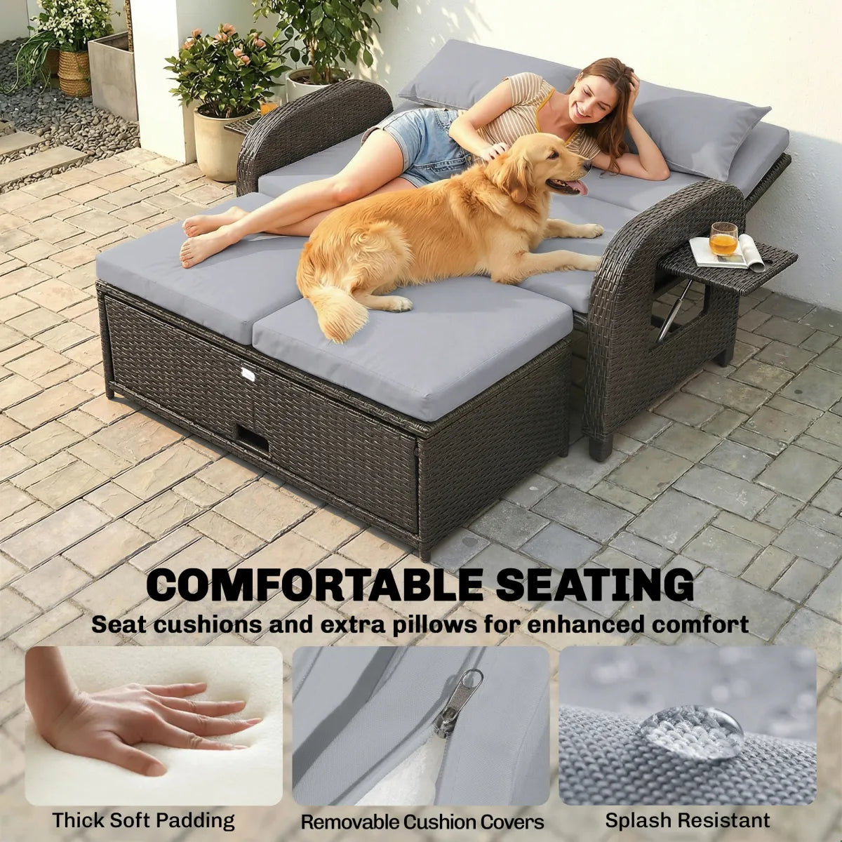 Wicker Outdoor Daybed with Storage Ottoman and Adjustable Backrest, Gray Cushions