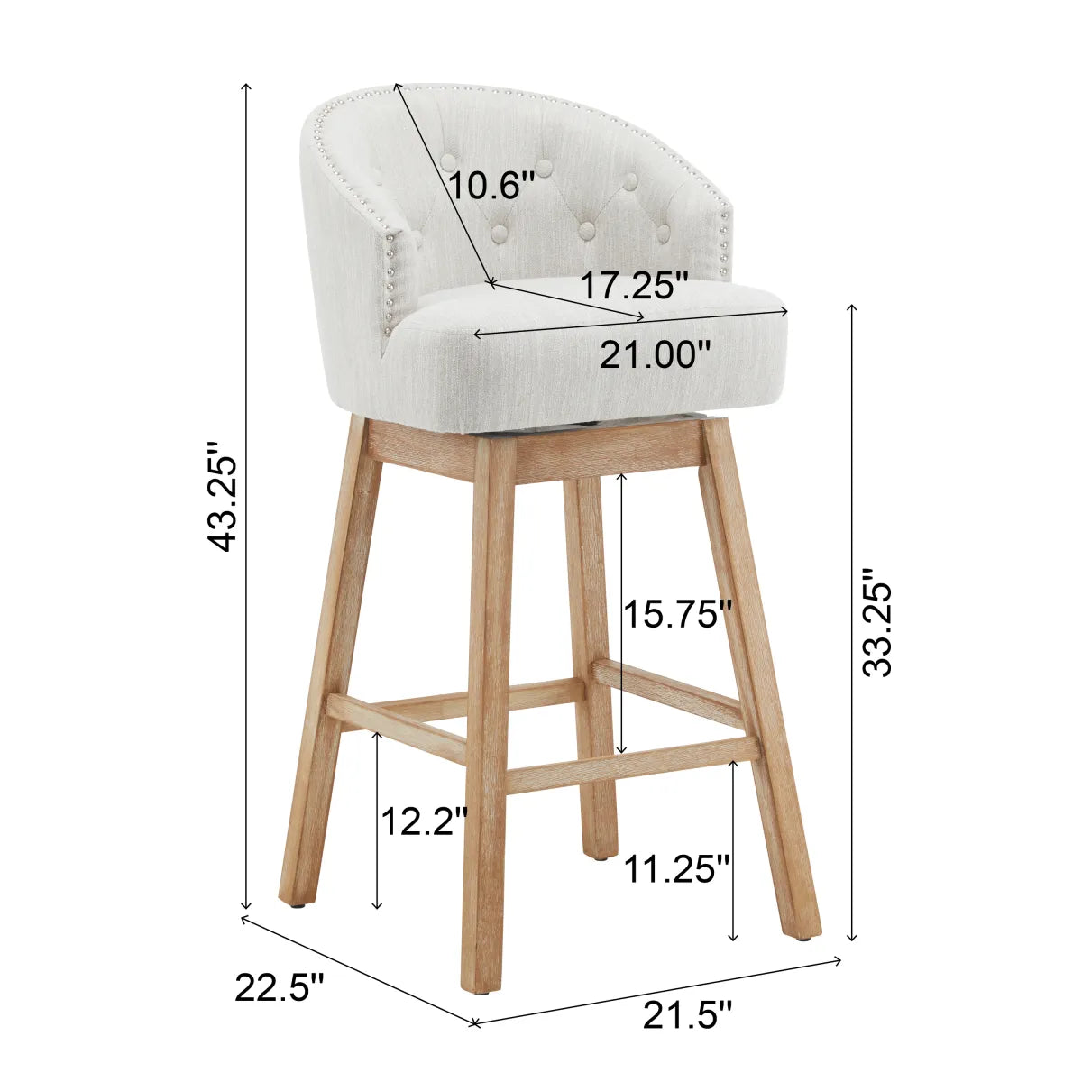 Set of 2 Upholstered Swivel Counter Stools with Backrest, Natural Beige
