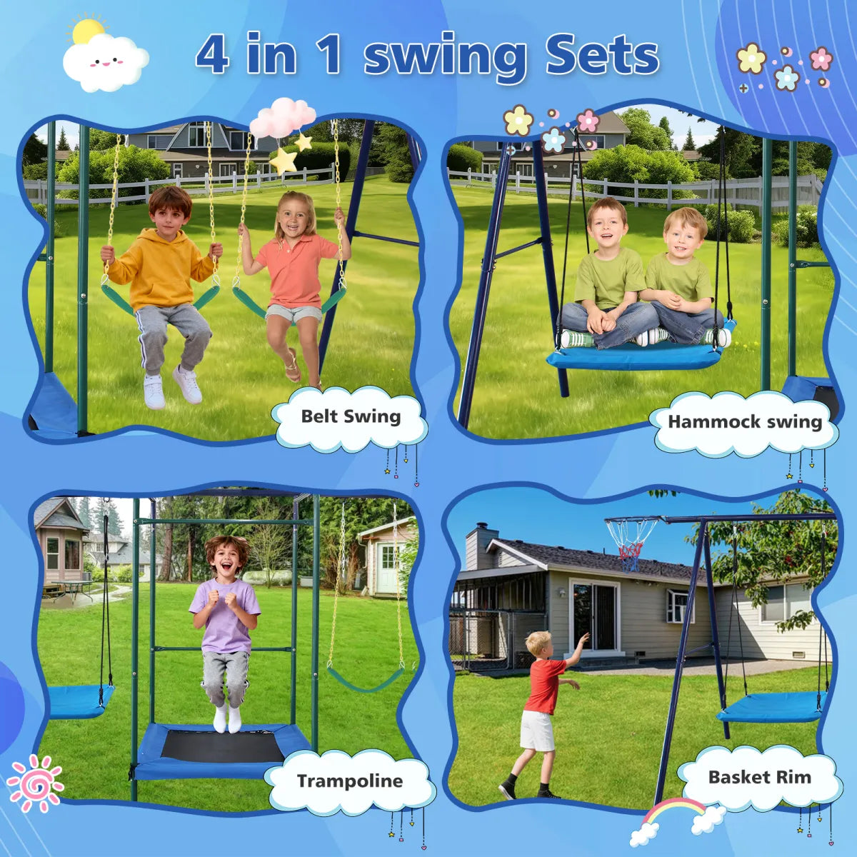 4-in-1 Outdoor Swing Set with Belt Swings, Hammock Swing, Trampoline and Basketball Hoop