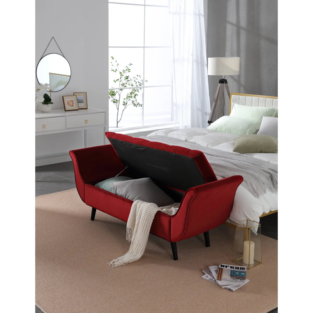 Vintage Tufted Long Bench, Velvet Upholstered Storage Ottoman